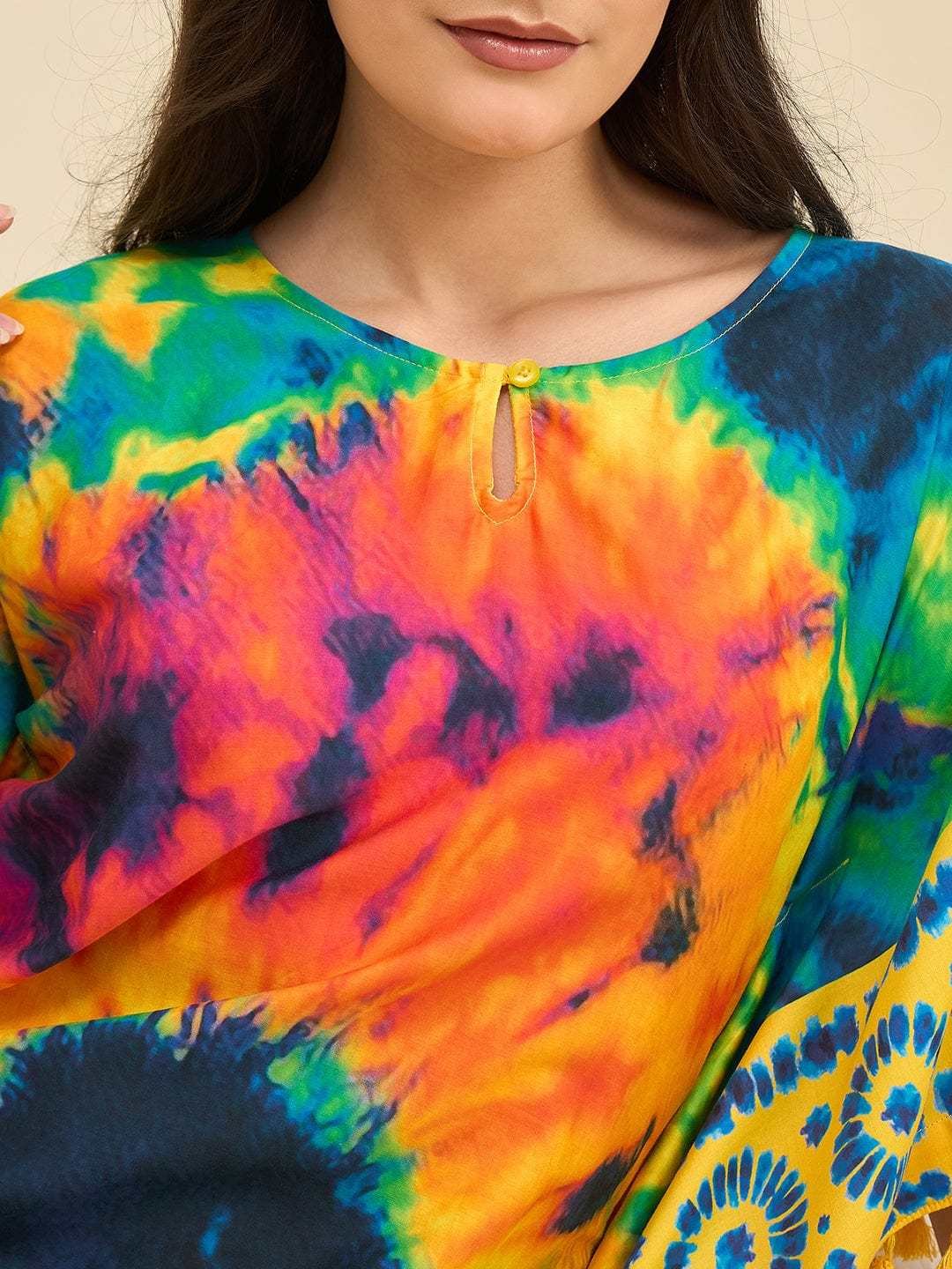 Women's Cotton Tie Dye Print Flowing Bell Sleeves Full Length Kaftan Drees Casual Beach Wear ( Multicolor ) - Image 4