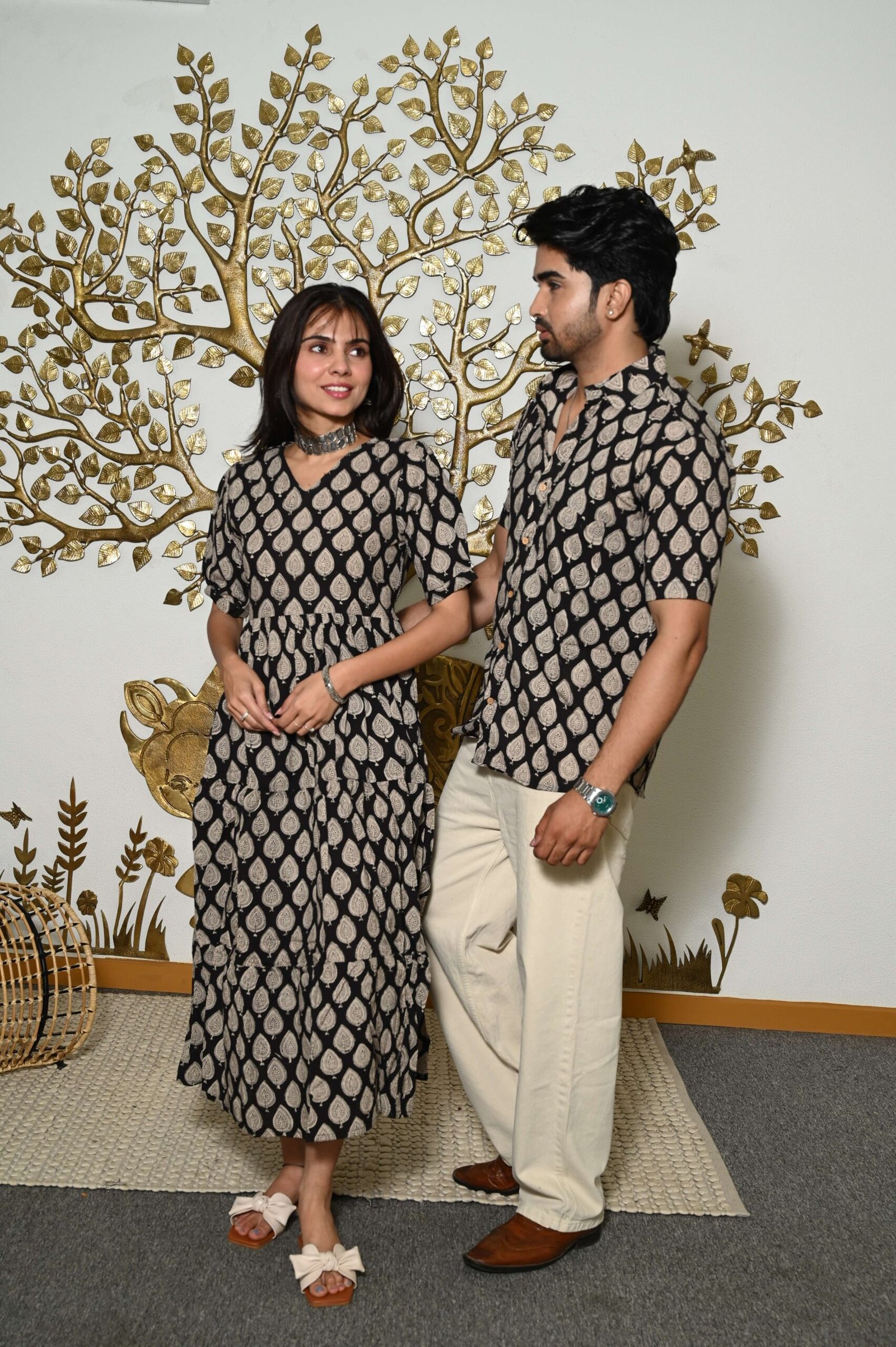Couple Matching Black & Beige Cotton Anarkali Midi Dress and Shirt Set ? Leaf Print Twinning Outfit