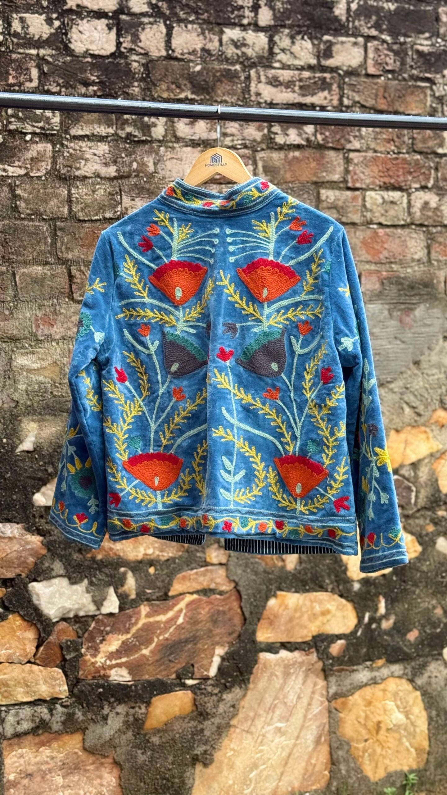 Womens Light Sky Blue Velvet Embroidered Jacket with Floral Design