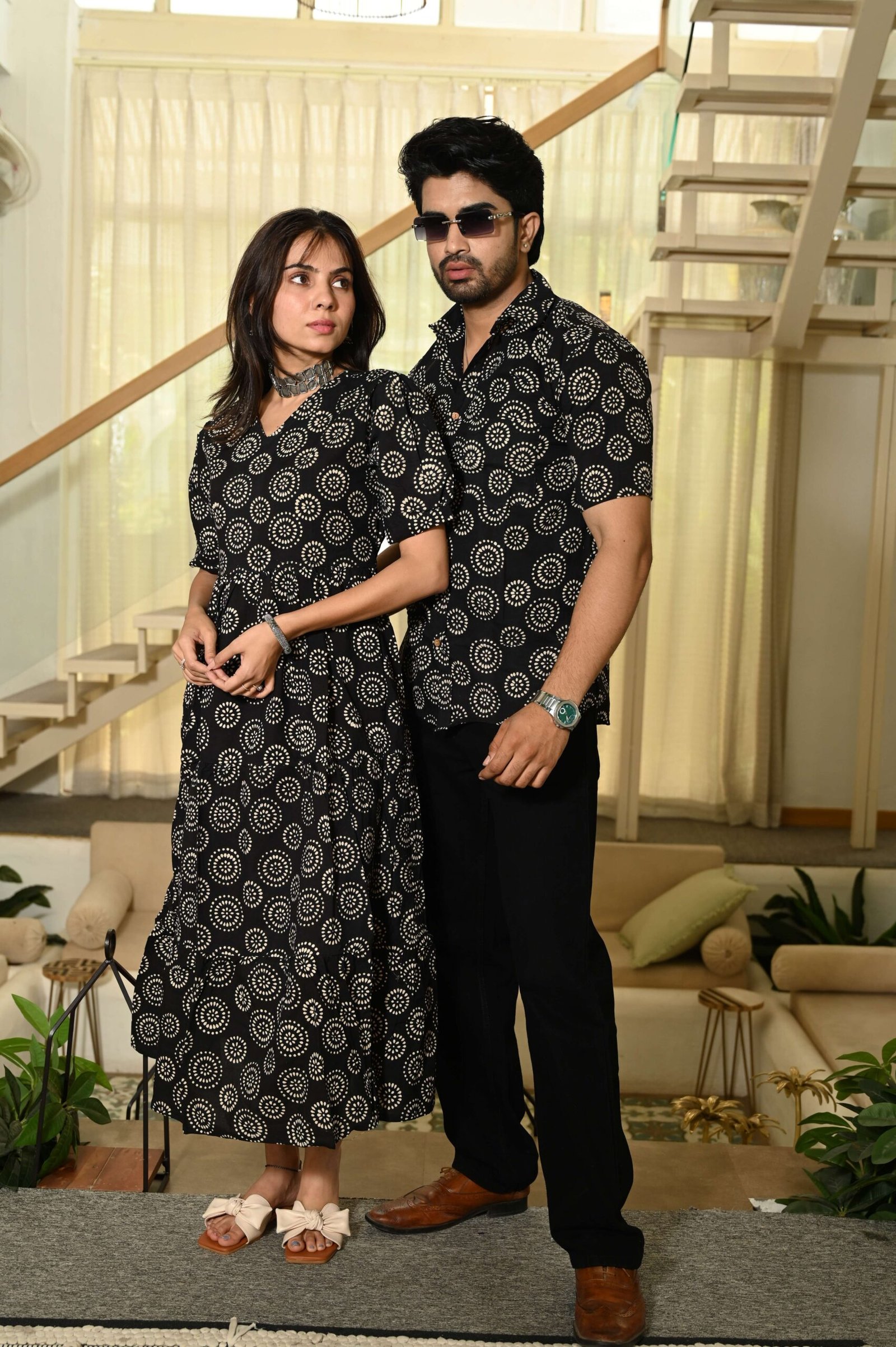 Couple Matching Black floral Printed Cotton Anarkali Midi Dress & Shirt Set ? Summer Casual Wear