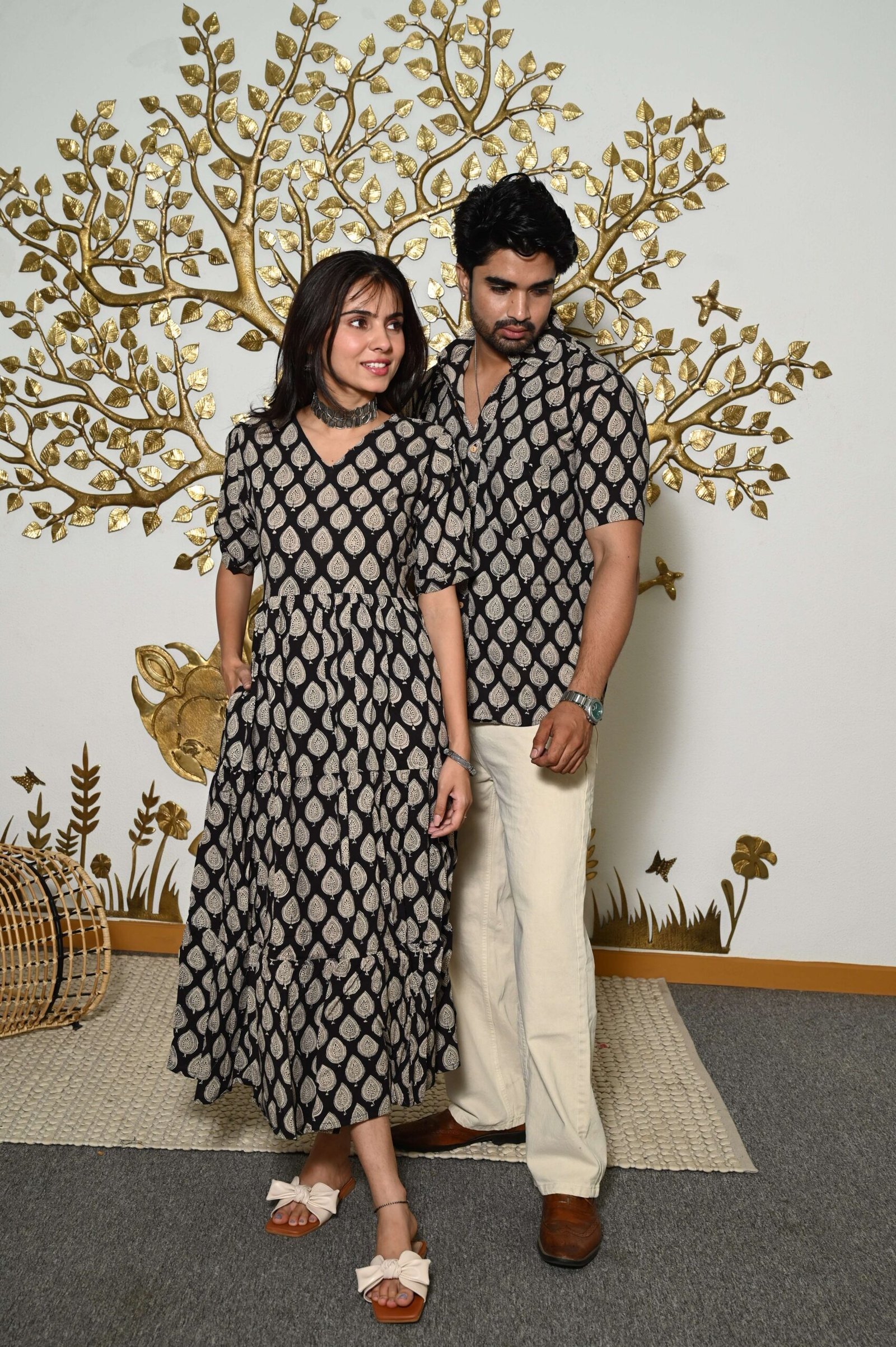 Couple Matching Black & Beige Cotton Anarkali Midi Dress and Shirt Set ? Leaf Print Twinning Outfit - Image 2