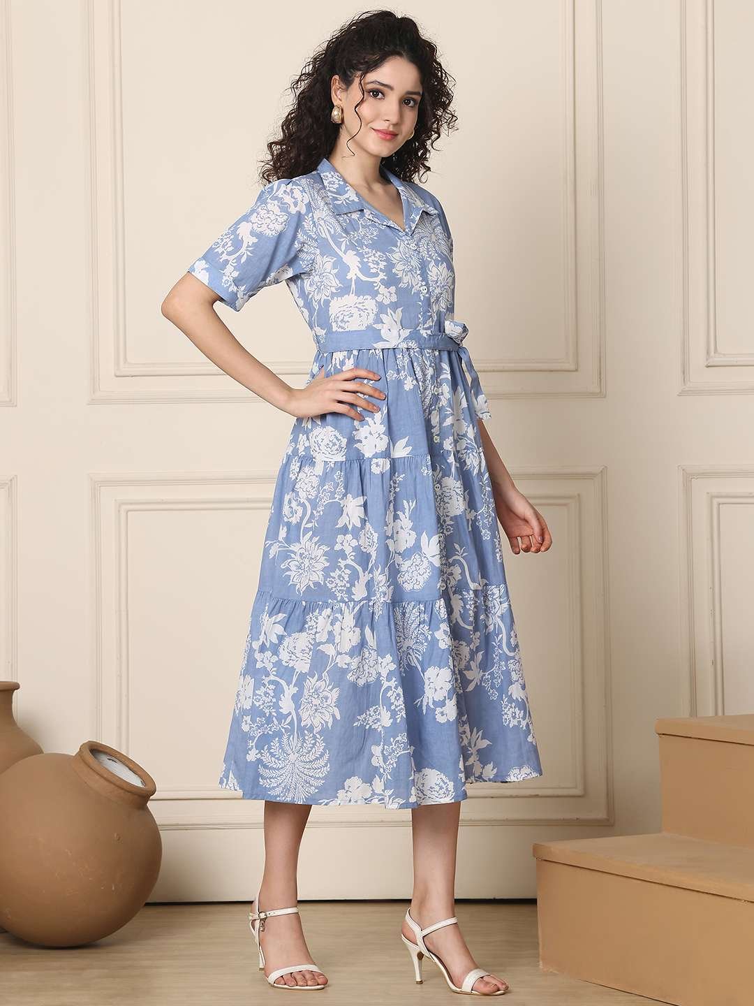 Women's Cotton Printed A-Line Midi Dress | Short Sleeve Flared Gown Dress (Sky Blue)