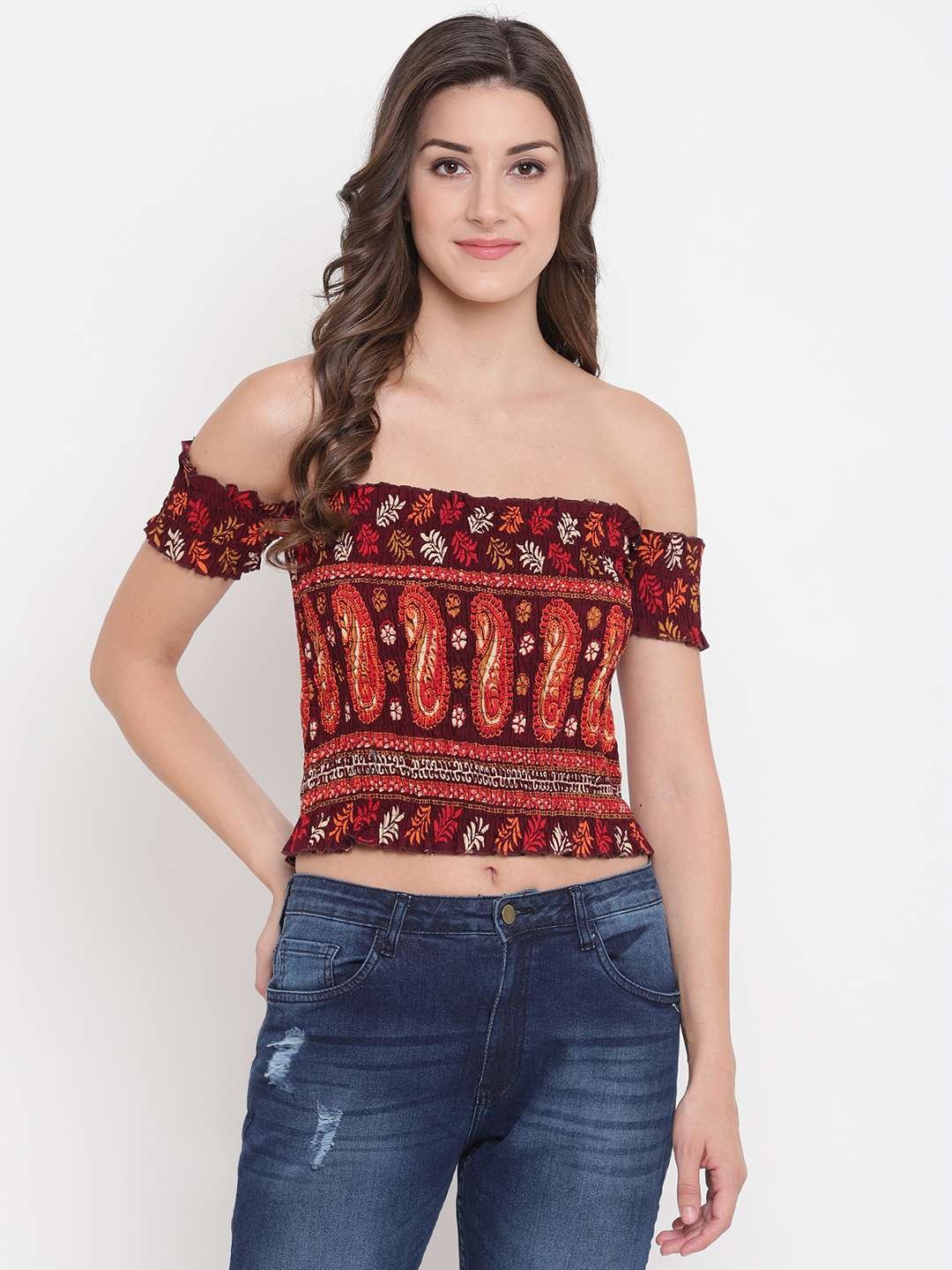 Women's Rayon Printed Off-Shoulder Smocked Crop Top Short Sleeve Casual Styles Tank Top (FREE SIZE) Multi2